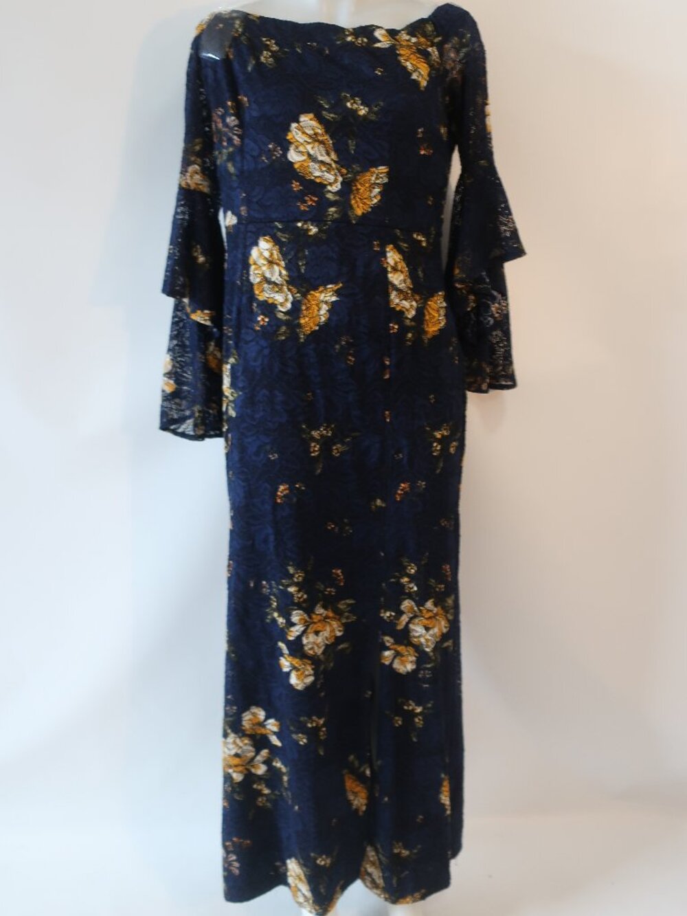 Womens Bloomingdales Navy Blue, Yellow Floral Off Shoulder Maxi Dress XL